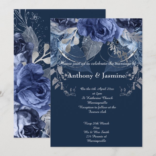 Faire-part de mariage ROSE FLORAL ELEGANT NAVY (Devant / Derrière)