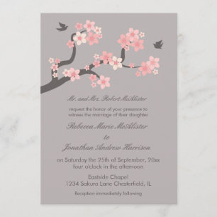 Faire-part de mariage rose/gris en fleurs de ceris