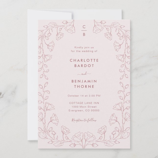 Faire-part de mariage rose monogramme (Devant)