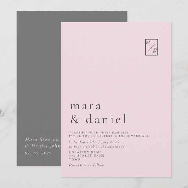 Faire-part de mariage rose pâle minimal (Devant / Derrière)