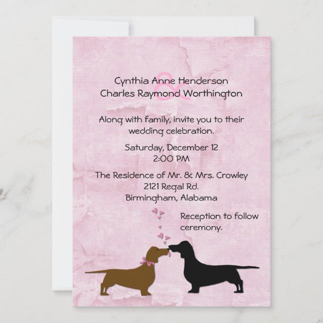 Faire-part de mariage rose personnalisé Dachshunds (Devant)