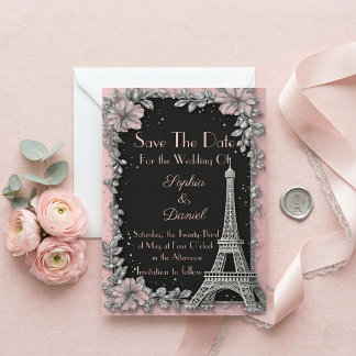 Faire-part de mariage rose poudré argenté vintage