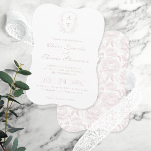 Faire-part de mariage rose poudré au monogramme de