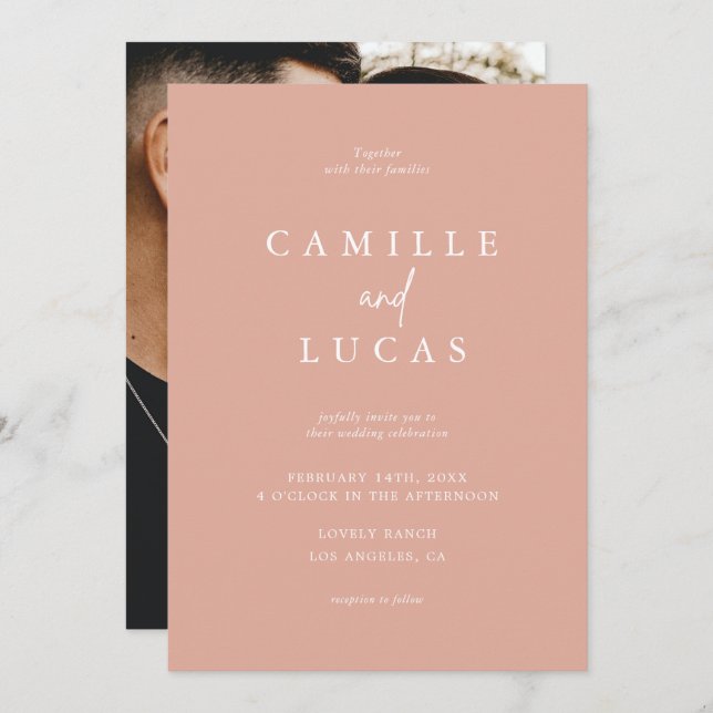 Faire-part de mariage rose poussiéreux (Devant / Derrière)