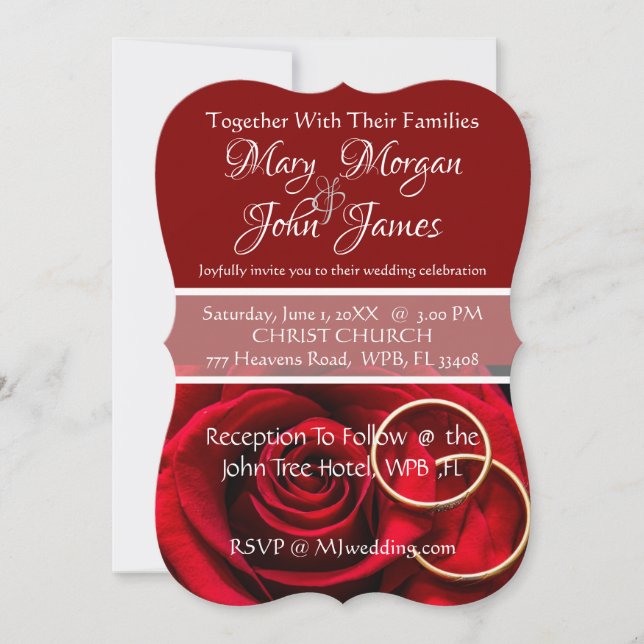Faire-part de mariage Rose rouge florale avec bagu (Devant)