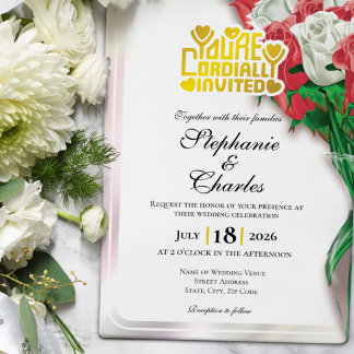 Faire-part de mariage Rose Rouge - Lettres Dorées 