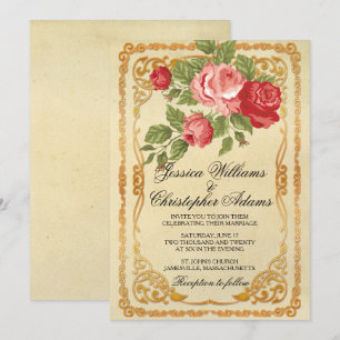 Faire-part de mariage rose vintage et rose rouge