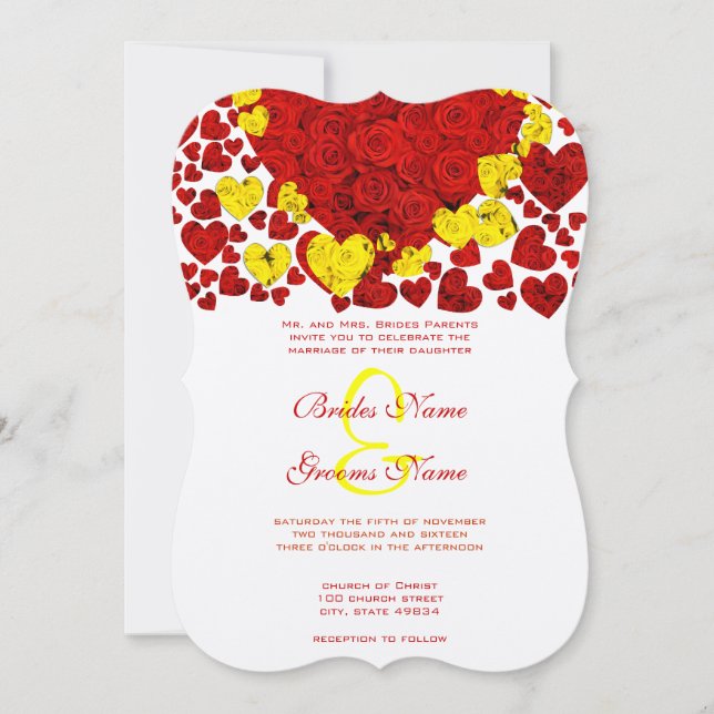 Faire-part de mariage Roses Cœur Jaune et Rouge (Devant)