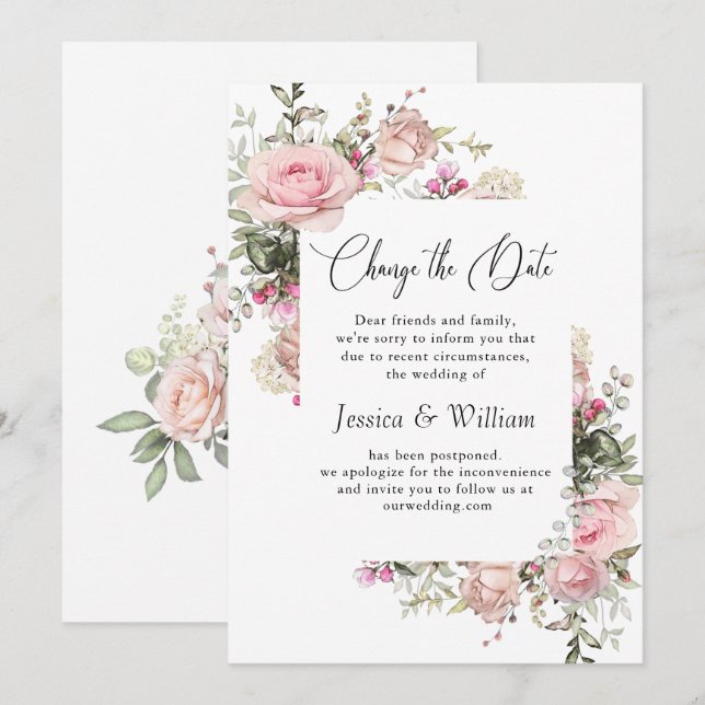 Faire-part de mariage Roses de changement de date  (Devant / Derrière)