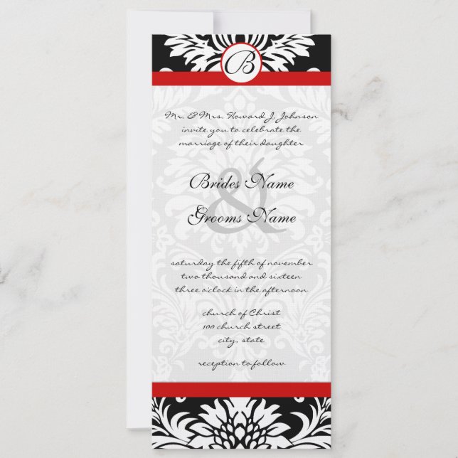 Faire-part de mariage rouge à molette noire Damask (Devant)