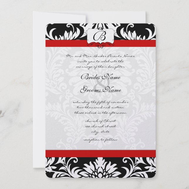 Faire-part de mariage rouge à molette noire Damask (Devant)
