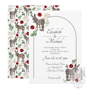 Faire-part de mariage rouge floral Âne rustique
