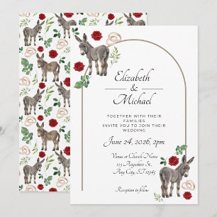 Faire-part de mariage rouge floral Âne rustique