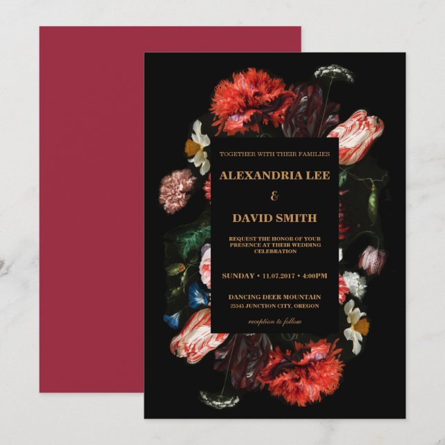 Faire-part de mariage rouge floral noir (Devant / Derrière)