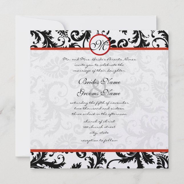 Faire-part de mariage rouge Trim noir Damask (Devant)