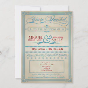 Faire-part de mariage rouge vintage blanc et bleu