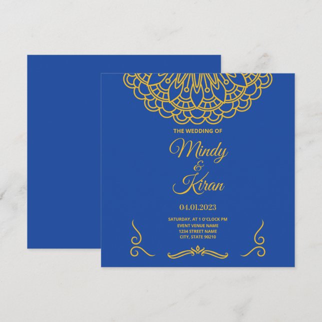 Faire-part de mariage Royal Blue and Gold Indian (Devant / Derrière)