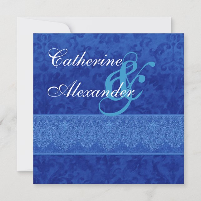 Faire-part de mariage Royal Blue Damask and Lace (Devant)