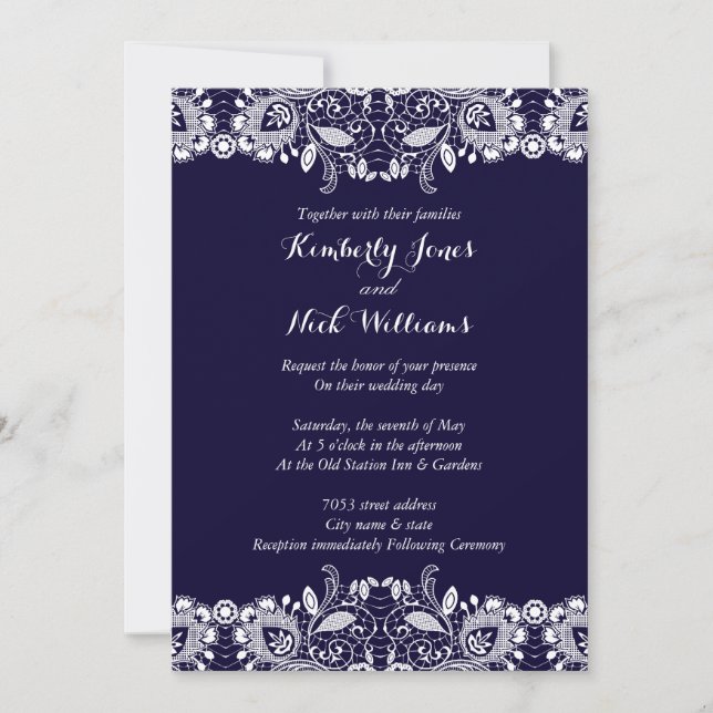 Faire-part de mariage Royal Blue en dentelle blanc (Devant)