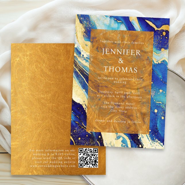 Faire-part de mariage Royal Blue Gold avec code QR (Créateur téléchargé)
