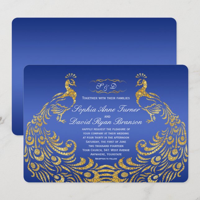 Faire-part de mariage Royal Blue Gold Peacock (Devant / Derrière)