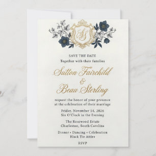 Faire-part de mariage Royal Navy Blue à Crête Doré