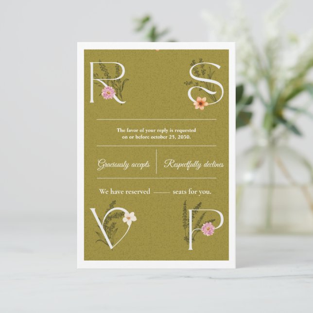 Faire-part de mariage RSVP floral vert et blanc dé (Debout devant)