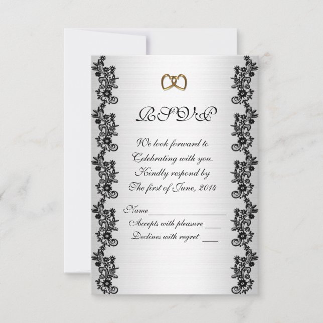 Faire-part de mariage RSVP Satin look noir appliqu (Devant)