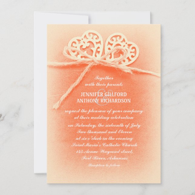 faire-part de mariage rustique couleur corail vint (Devant)