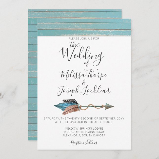 Faire-part de mariage Rustique en bois turquoise (Devant / Derrière)