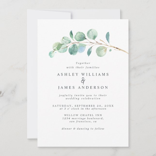 Faire-part de mariage simple de feuillage vert Euc (Devant)