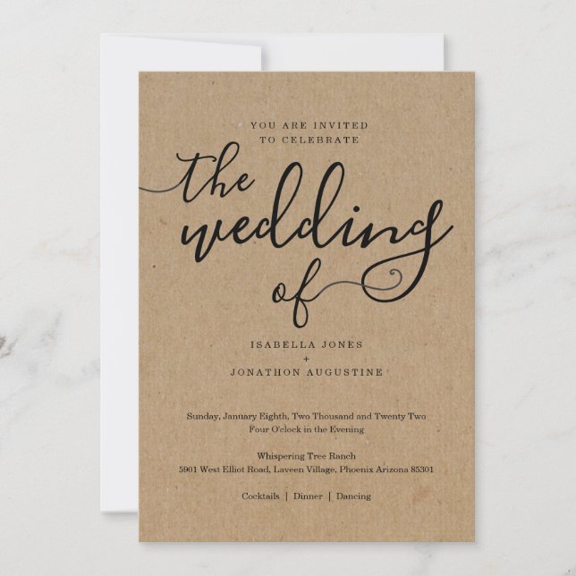 Faire-part de mariage simple sur papier Kraft (Devant)
