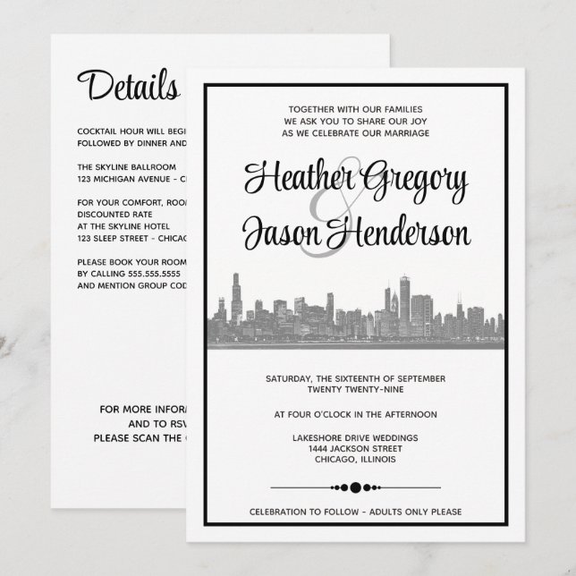 Faire-part de mariage Skyline de Chicago avec code (Devant / Derrière)
