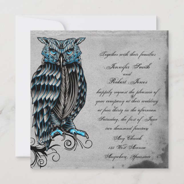 Faire-part de mariage snob de hibou gothique bleu (Devant)