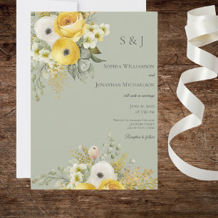 Faire-part de mariage sur fond de sauge avec fleur