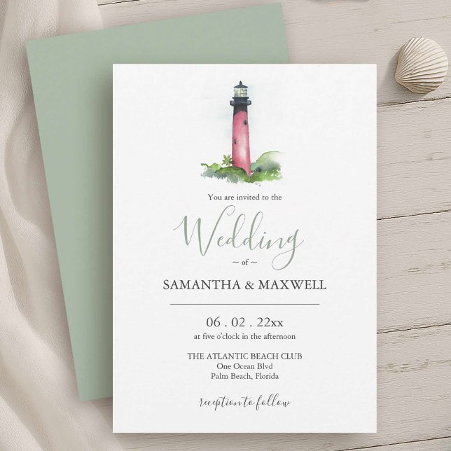 Faire-part de mariage sur la plage aquarelle phare (Beach wedding invitations feature watercolor Jupiter lighthouse Victoria Grigaliunas DoTellABelle)