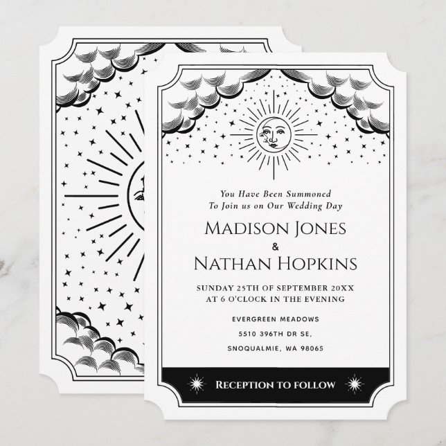 Faire-part de mariage Tarot noir et blanc Sun & Mo (Devant / Derrière)