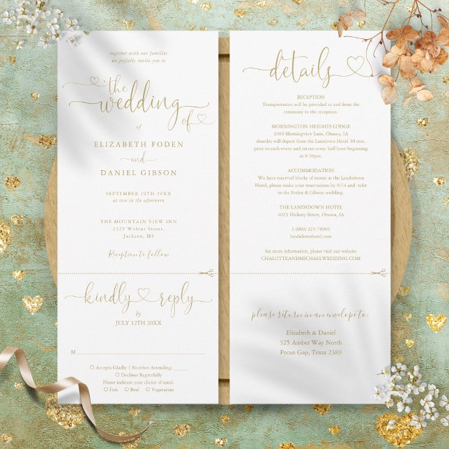 Faire-Part de Mariage Tout Compris Écriture Modern (Modern Gold Heart Script All In One Wedding Invitation)