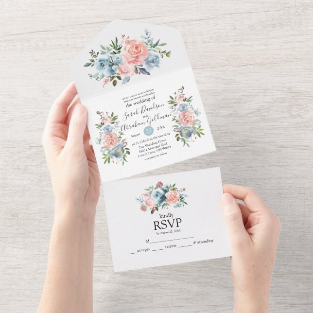 Faire-Part de Mariage Tout Compris Fleurs Rose Ble (Déchirure)