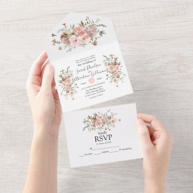 Faire-Part de Mariage Tout Compris Fleurs Rose Mau (Déchirure)