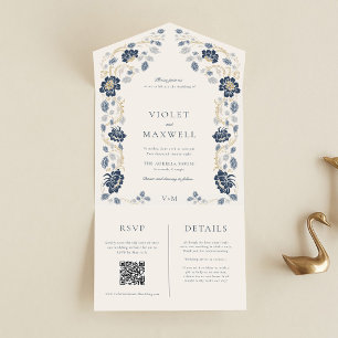Faire-part de mariage tout-en-un à fleurs bleu mar