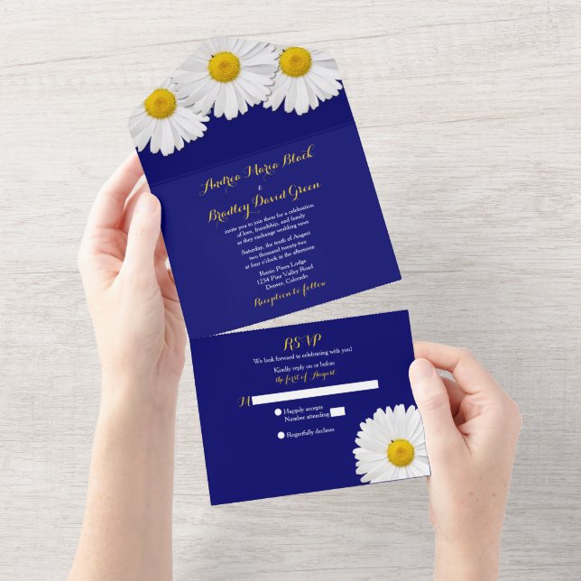 Faire-part de mariage tout-en-un Bleu marine Daisy (Déchirure)