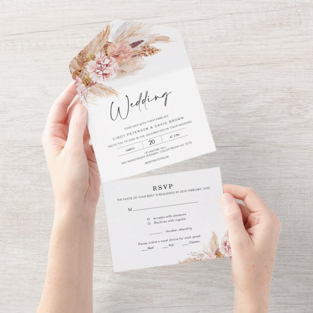 Faire-part de mariage tout-en-un Bohème Fleurs Rou (Déchirure)