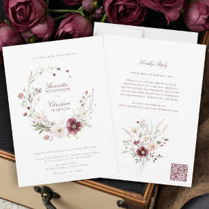 Faire-part de mariage tout-en-un Burgundy Wildflow