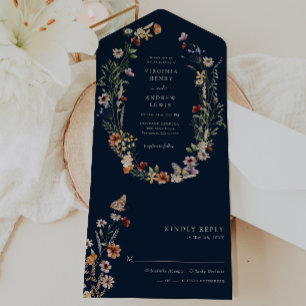 Faire-part de mariage tout-en-un Navy Boho Floral