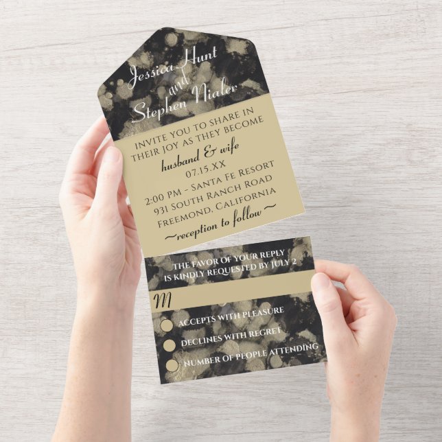 Faire-Part de Mariage Tout en Un Noir Ors (Déchirure)