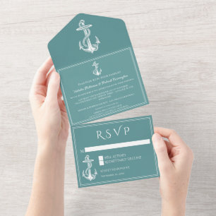 Faire-part de mariage tout-en-un Teal Nautical Anc