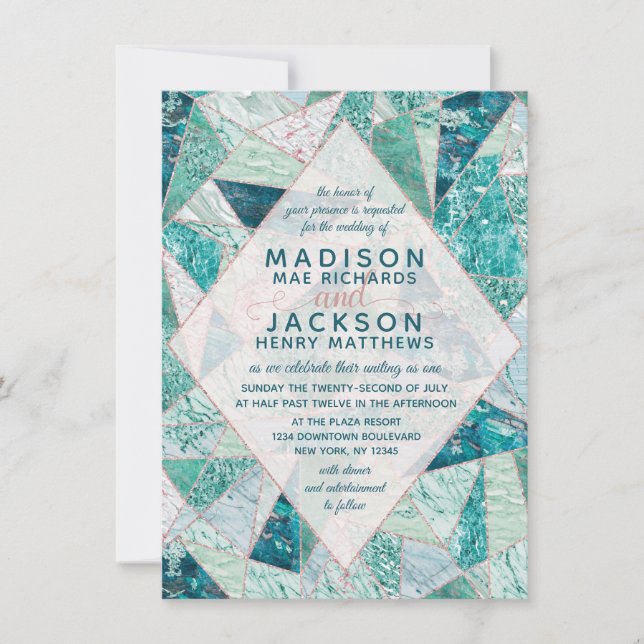Faire-part de mariage triangles en marbre turquois (Devant)