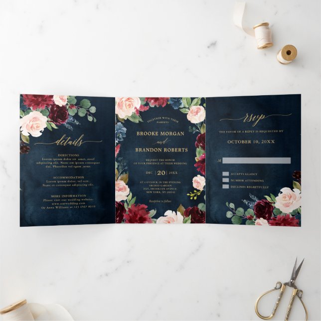 Faire-part de mariage Trifold Rouge Bourgogne Or N (Intérieur)