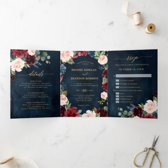 Faire-part de mariage Trifold Rouge Bourgogne Or N (Intérieur)